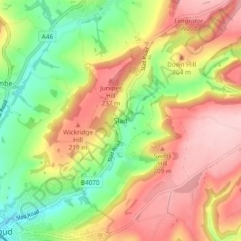 Mapa topográfico Slad, altitud, relieve