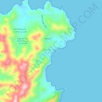 Mapa topográfico Tibouda, altitud, relieve