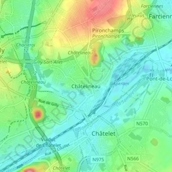 Mapa topográfico Châtelineau, altitud, relieve