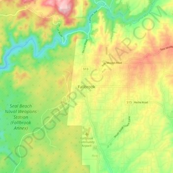 Mapa topográfico Fallbrook, altitud, relieve