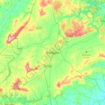 Mapa topográfico Belagavi, altitud, relieve