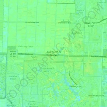 Mapa topográfico Loxahatchee Groves, altitud, relieve