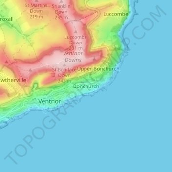 Mapa topográfico Bonchurch, altitud, relieve