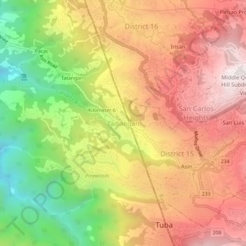 Mapa topográfico Tadiangan, altitud, relieve