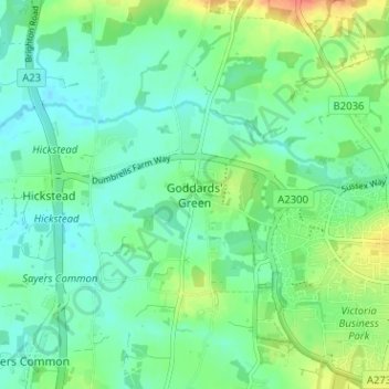 Mapa topográfico Goddards' Green, altitud, relieve