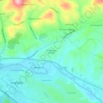 Mapa topográfico Bloomington Heights, altitud, relieve