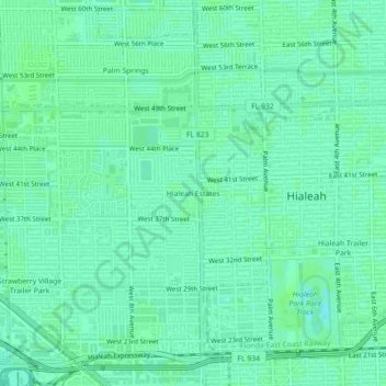 Mapa topográfico Hialeah Estates, altitud, relieve