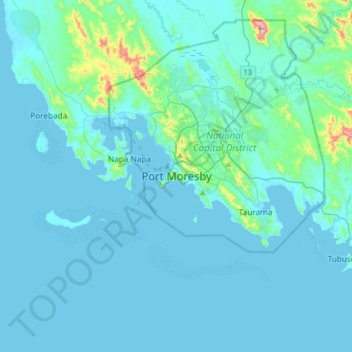 Mapa topográfico Puerto Moresby, altitud, relieve