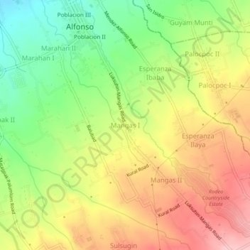 Mapa topográfico Mangas I, altitud, relieve