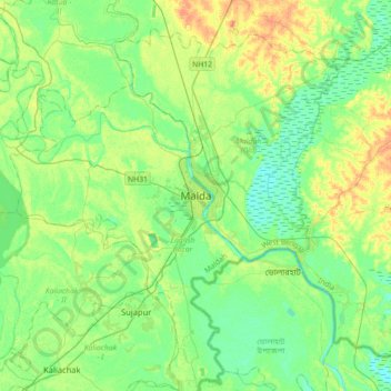 Mapa topográfico Malda, altitud, relieve