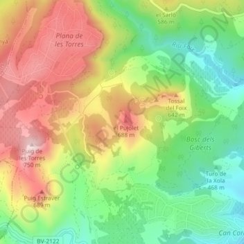 Mapa topográfico el Pujolet, altitud, relieve