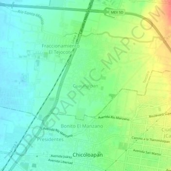 Mapa topográfico Cuautlalpan, altitud, relieve