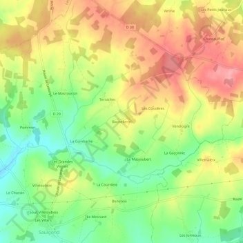 Mapa topográfico Bachellerie, altitud, relieve