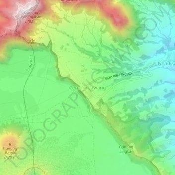 Mapa topográfico Cemorolawang, altitud, relieve