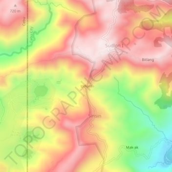 Mapa topográfico Udlom, altitud, relieve