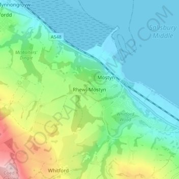 Mapa topográfico Rhewl-Mostyn, altitud, relieve