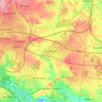 Mapa topográfico Garforth, altitud, relieve