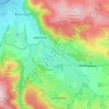 Mapa topográfico Holnicote, altitud, relieve