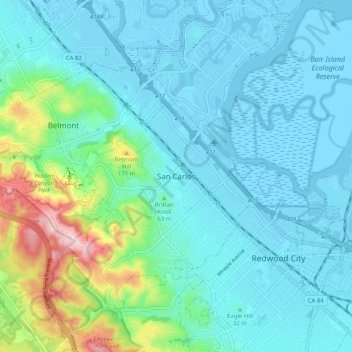 Mapa topográfico San Carlos, altitud, relieve