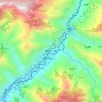 Mapa topográfico Dhārchula, altitud, relieve
