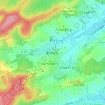 Mapa topográfico Drogny, altitud, relieve