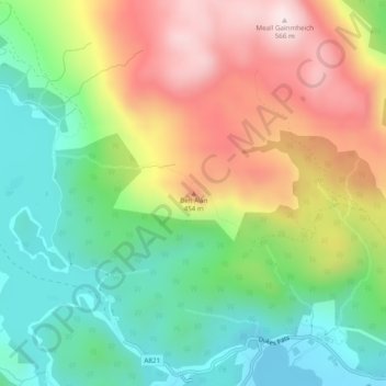 Mapa topográfico Ben A'an, altitud, relieve