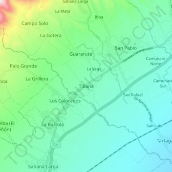 Mapa topográfico Tibana, altitud, relieve