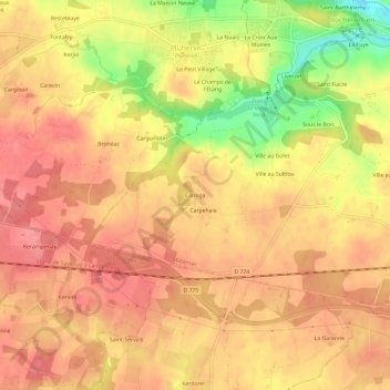 Mapa topográfico Caringa, altitud, relieve