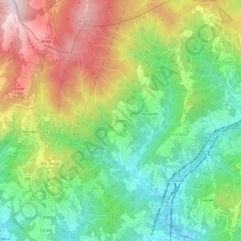 Mapa topográfico Paveto, altitud, relieve