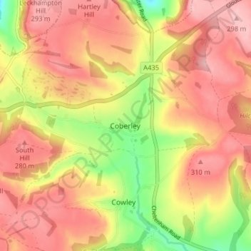 Mapa topográfico Coberley, altitud, relieve
