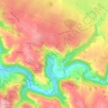 Mapa topográfico Ampiac, altitud, relieve