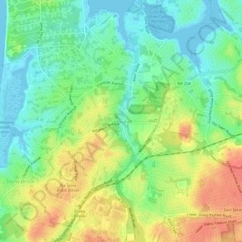 Mapa topográfico Setauket, altitud, relieve
