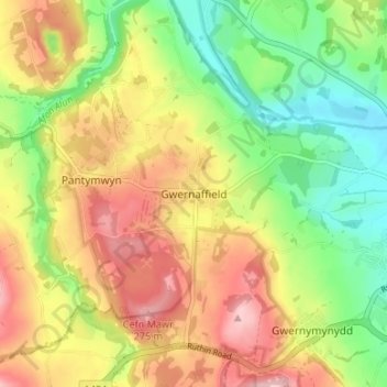 Mapa topográfico Gwernaffield, altitud, relieve
