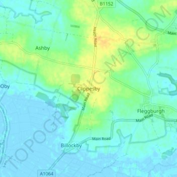 Mapa topográfico Clippesby, altitud, relieve
