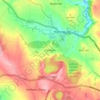 Mapa topográfico Cauldon, altitud, relieve