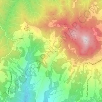 Mapa topográfico Roccatederighi, altitud, relieve