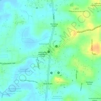 Mapa topográfico vellangallur, altitud, relieve