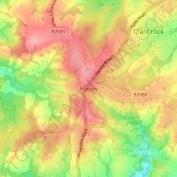 Mapa topográfico Hartley, altitud, relieve