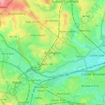Mapa topográfico Erdington, altitud, relieve