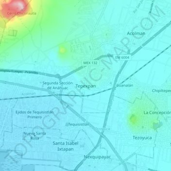 Mapa topográfico Tepexpan, altitud, relieve