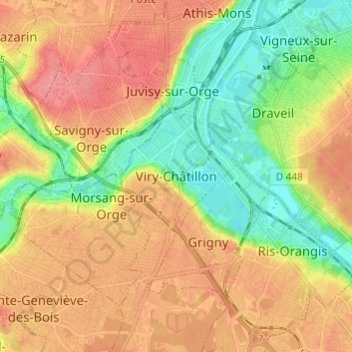 Mapa topográfico Viry-Châtillon, altitud, relieve