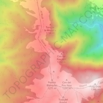 Mapa topográfico Pla de la Calma, altitud, relieve