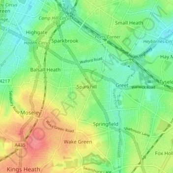 Mapa topográfico Sparkhill, altitud, relieve