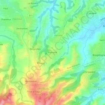 Mapa topográfico Pierrette, altitud, relieve
