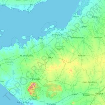 Mapa topográfico Jamnagar, altitud, relieve