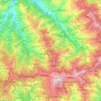 Mapa topográfico Bharari, altitud, relieve