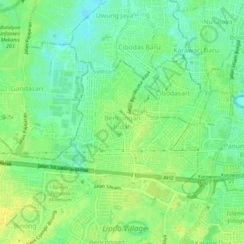 Mapa topográfico Bencongan Indah, altitud, relieve