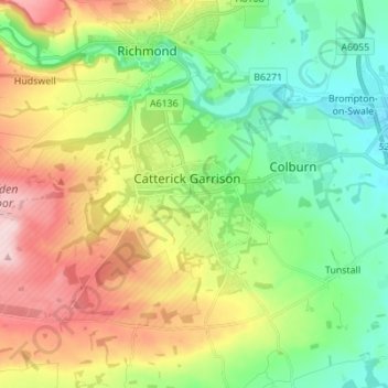 Mapa topográfico Catterick Garrison, altitud, relieve