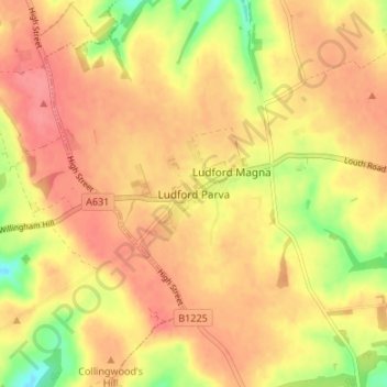 Mapa topográfico Ludford Parva, altitud, relieve