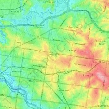 Mapa topográfico Deepdene, altitud, relieve